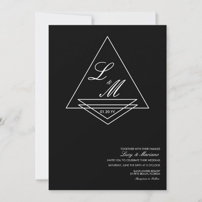 Monogrammed Elegant Script Art Deco Black Wedding Invitation (Front)