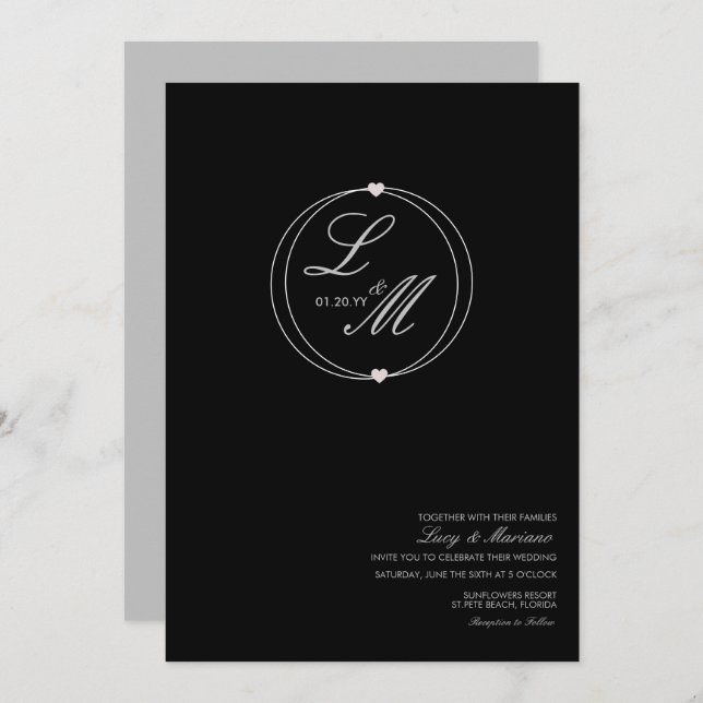 Monogrammed Elegant Script Circular Heart Wedding Invitation (Front/Back)
