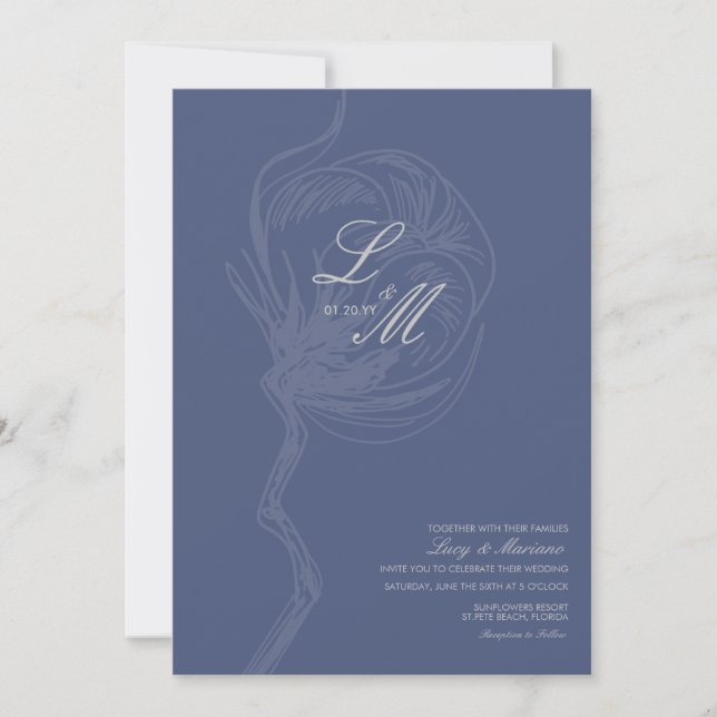 Monogrammed Elegant Script Cotton Flower Wedding Invitation (Front)