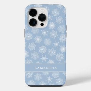 Monogrammed Elegant Snowflakes Blue Christmas iPhone 14 Pro Max Case