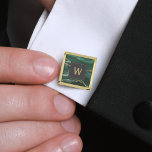 Monogrammed Emerald Green Agate Gold Dark Square Gold Finish Cufflinks<br><div class="desc">These elegant cufflinks feature an emerald green watercolor agate geode design with gold faux glitter highlights. Personalise them with his monogram initial in gold-coloured text on an off-black square.They coordinate with our emerald green and gold agate dark wedding suite. Also available in round shape. They make great gifts for your...</div>