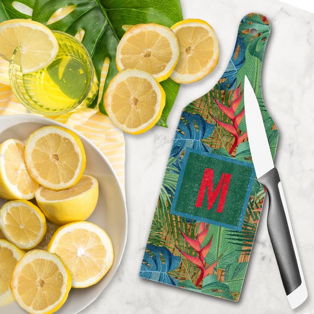 Monogrammed Exotic Tropical Floral Cutting Board (Monogrammed Exotic Tropical Floral Glass Cutting Board Paddle Style)
