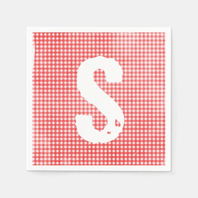 monogrammed faded red and white gingham pattern napkin (Front)