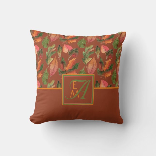 Monogrammed Fall Leaves Autumn Colour Decor Cushion (Front)