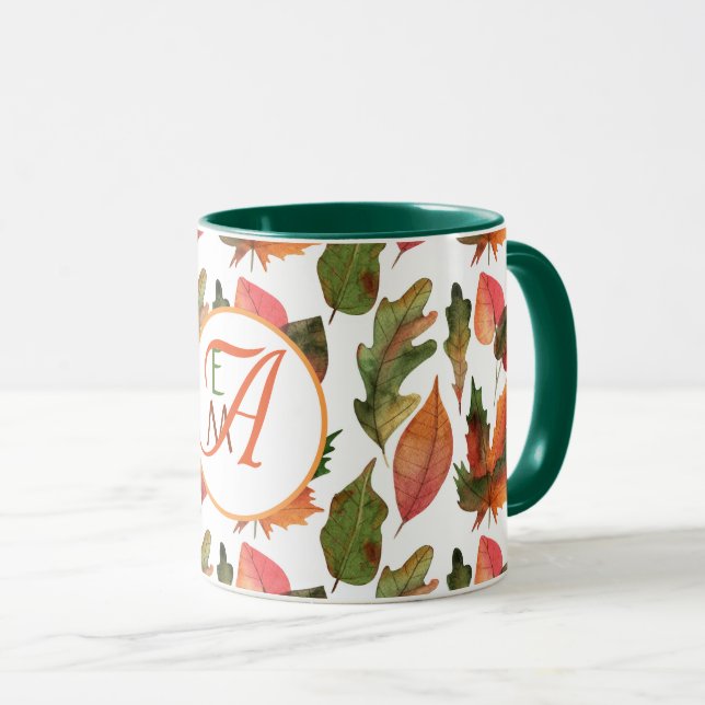 Monogrammed Fall Leaves Autumn Decor Orange Green Mug (Front Right)