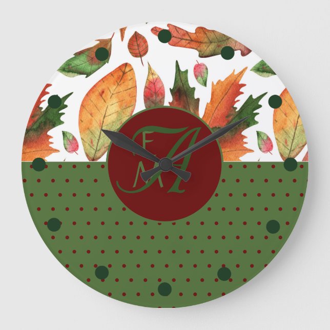 Monogrammed Fall Leaves Autumn Red Green Decor Large Clock (Front)