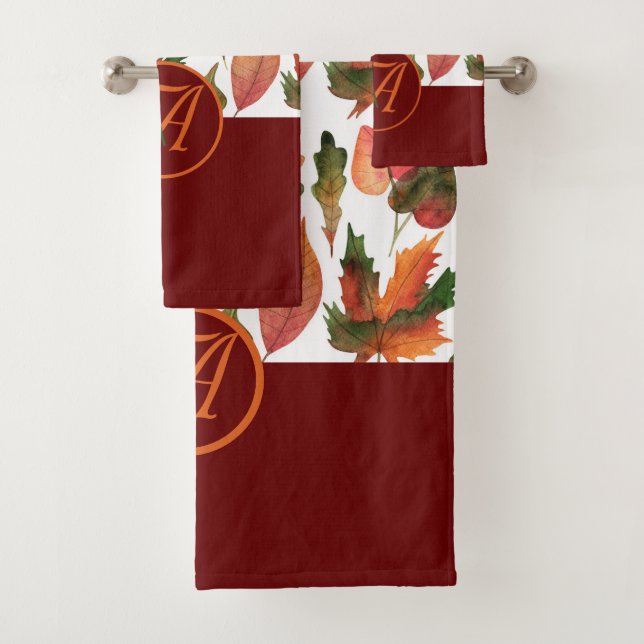 Monogrammed Fall Leaves Burgundy Autumn Decor Bath Towel Set (Insitu)