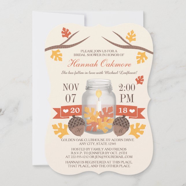 Monogrammed Fall Leaves Mason Jar Bridal Shower Invitation (Front)