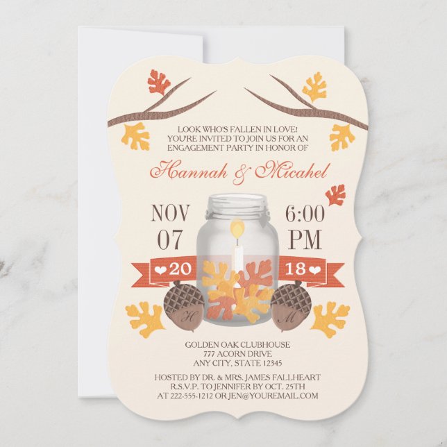 Monogrammed Fall Leaves Mason Jar Engagement Party Invitation (Front)