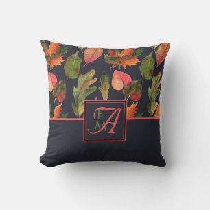Monogrammed Fall Leaves Navy Blue Pink Decor Cushion