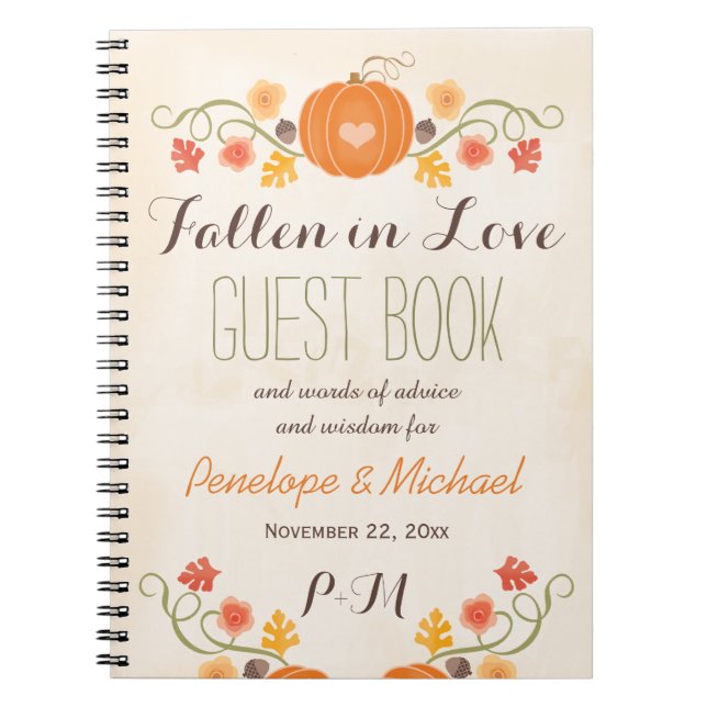 Monogrammed Fall Pumpkin Acorn Wedding Guest Boook Notebook (Front)