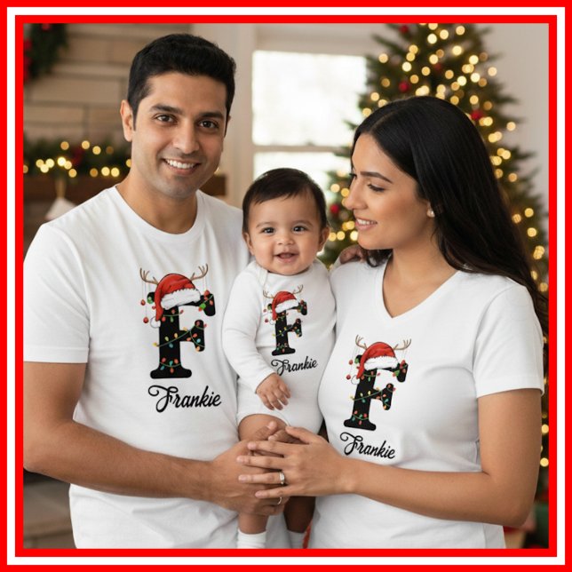 Monogrammed Family Christmas Antlers Santa Hat T-Shirt (Creator Uploaded)
