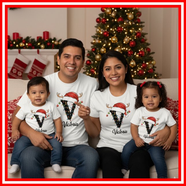 Monogrammed Family Christmas Antlers Santa Hat T-Shirt (Creator Uploaded)