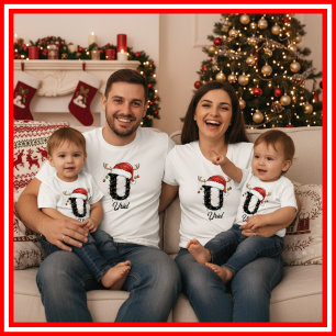 Monogrammed Family Christmas Antlers Santa Hat T-Shirt