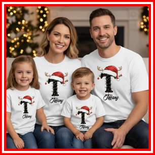 Monogrammed Family Christmas Antlers Santa Hat T-Shirt