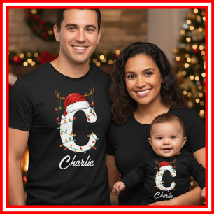 Monogrammed Family Christmas Antlers Santa Hat T-Shirt