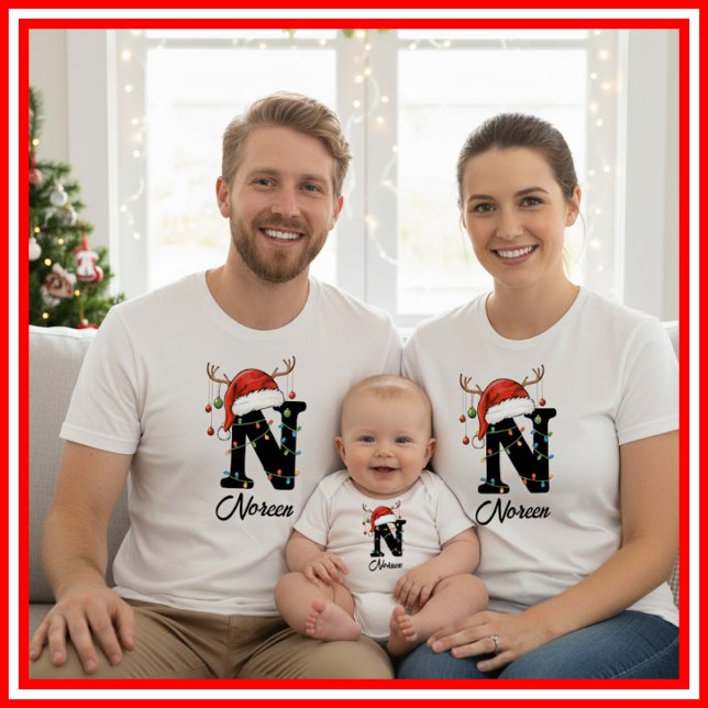 Monogrammed Family Christmas Antlers Santa Hat T-Shirt (Creator Uploaded)