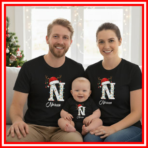 Monogrammed Family Christmas Antlers Santa Hat T-Shirt