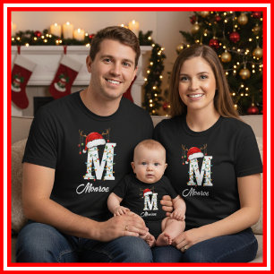 Monogrammed Family Christmas Antlers Santa Hat T-Shirt