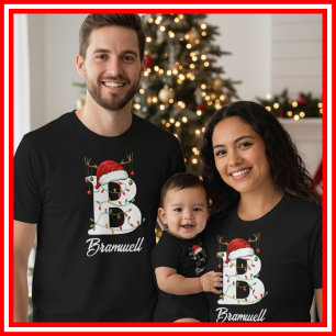 Monogrammed Family Christmas Antlers Santa Hat T-Shirt