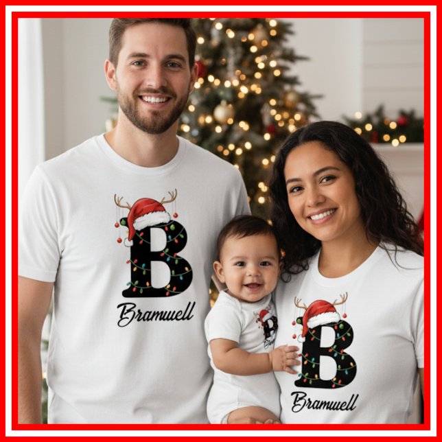 Monogrammed Family Christmas Antlers Santa Hat T-Shirt (Creator Uploaded)
