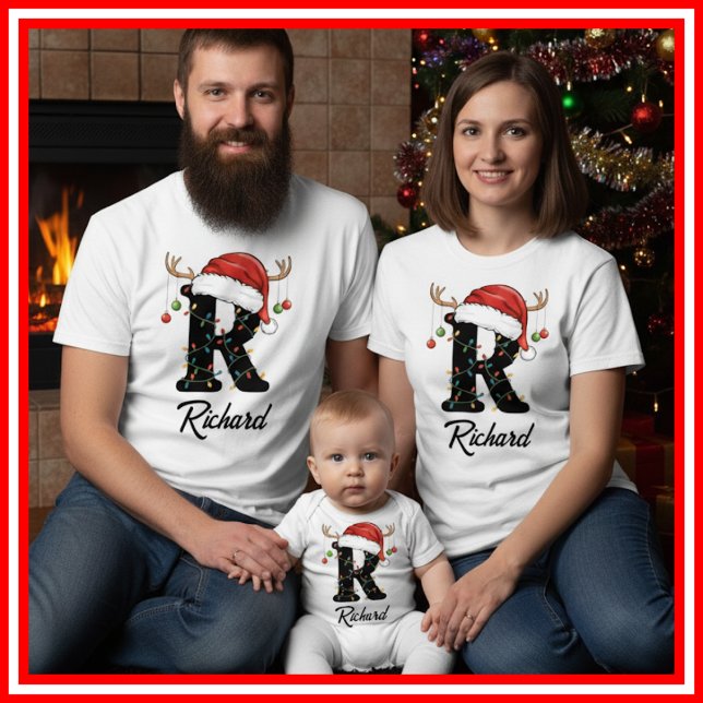 Monogrammed Family Christmas Antlers Santa Hat T-Shirt (Creator Uploaded)
