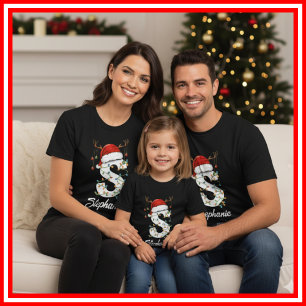 Monogrammed Family Christmas Antlers Santa Hat T-Shirt