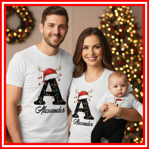 Monogrammed Family Christmas Antlers Santa Hat T-Shirt