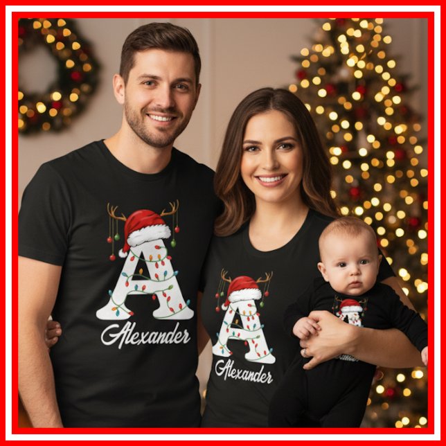 Monogrammed Family Christmas Antlers Santa Hat T-Shirt (Creator Uploaded)