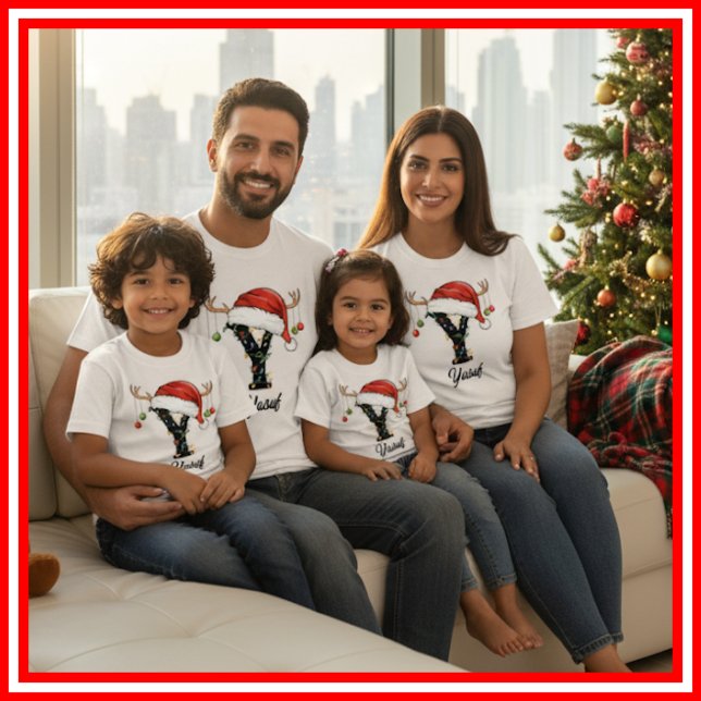 Monogrammed Family Christmas Antlers Santa Hat T-Shirt (Creator Uploaded)