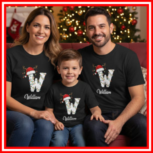 Monogrammed Family Christmas Antlers Santa Hat T-Shirt