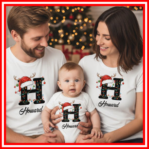 Monogrammed Family Christmas Antlers Santa Hat T-Shirt