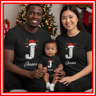 Monogrammed Family Christmas Antlers Santa Hat T-Shirt