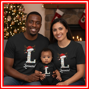 Monogrammed Family Christmas Antlers Santa Hat T-Shirt