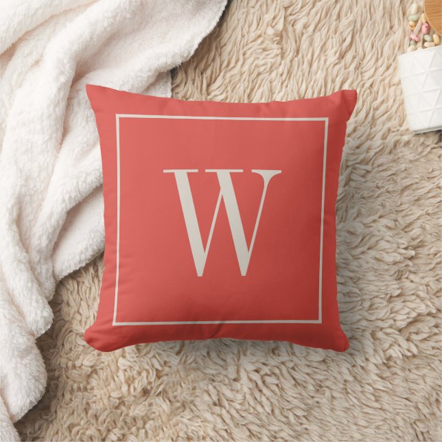 Monogrammed Family Initial Modern Red Beige Ivory Cushion (Blanket)