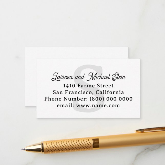 Monogrammed Family Name & Address White Enclosure Card (Front/Back In Situ)