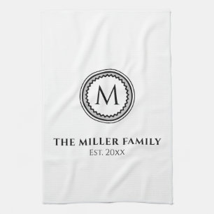 Monogrammed   Family Name   Black White & Grey Tea Towel