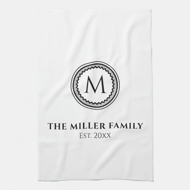 Monogrammed | Family Name | Black White & Grey Tea Towel (Vertical)