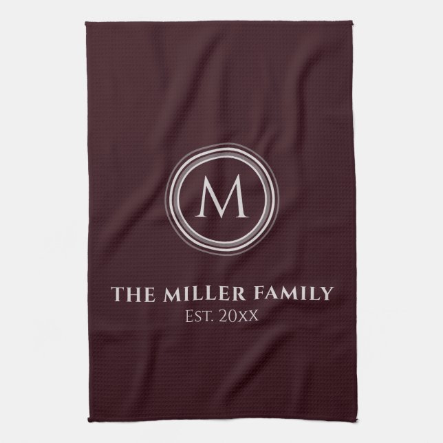 Monogrammed | Family Name | Burgundy & Grey Tea Towel (Vertical)