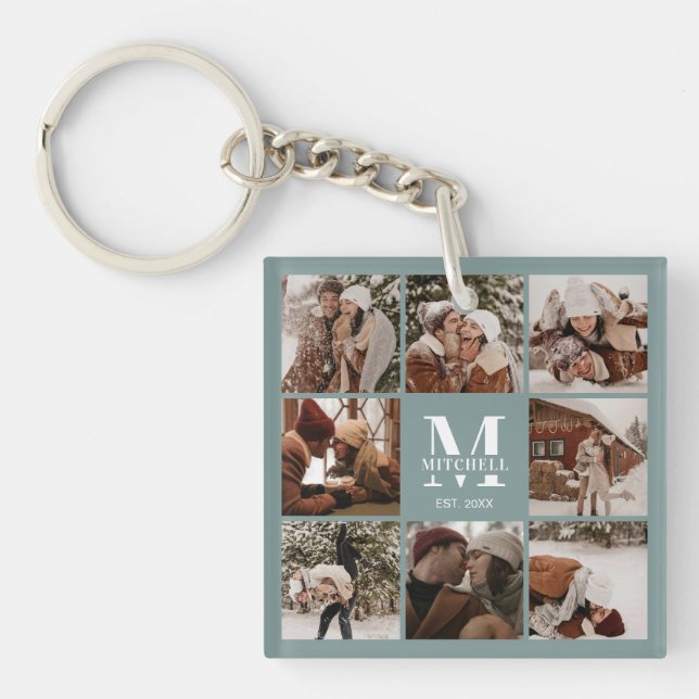 Monogrammed Family Photo Collage Modern Sage Green Key Ring (Front)