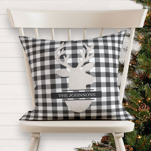 Monogrammed Farmhouse Black Plaid Beige Deer Cushion