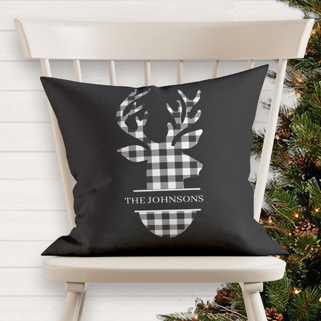 Monogrammed Farmhouse Black & White Plaid Deer Cushion (Creator Uploaded)