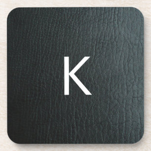 Monogrammed Faux Black Leather Texture Coaster