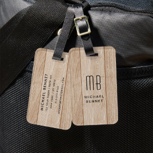 Monogrammed Faux Wood Texture Luggage Tag