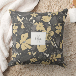 Monogrammed Feminine Gold Grey Floral Pattern Cushion