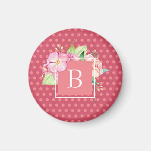Monogrammed Feminine Pink Dots & Pink Coral Floral Magnet