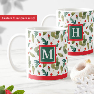 Monogrammed, Festive Greenery and Holly, Red Green Coffee Mug