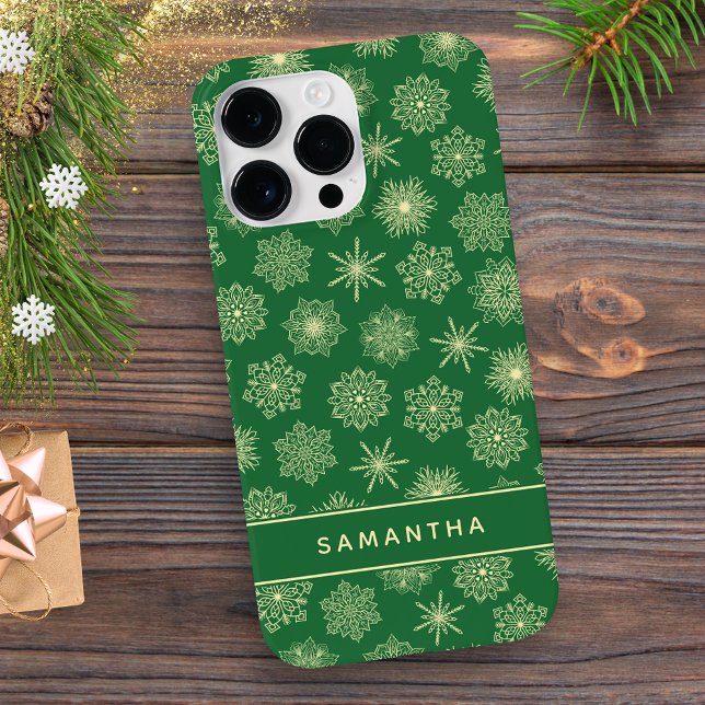 Monogrammed Festive Snowflakes Green Christmas Case-Mate iPhone Case (Creator Uploaded)