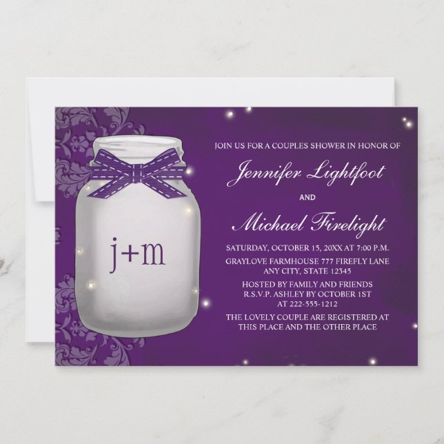 Monogrammed Firefly Mason Jar Couples Shower Invitation (Front)