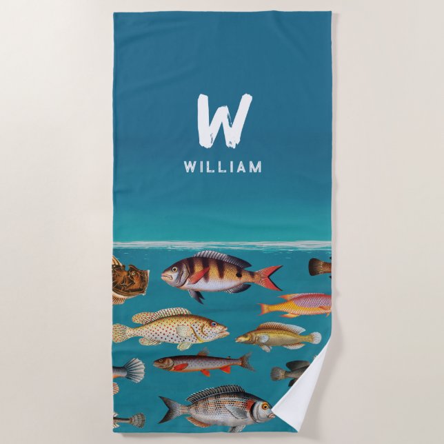 Monogrammed Fish Under Blue Ocean  Beach Towel (Front)